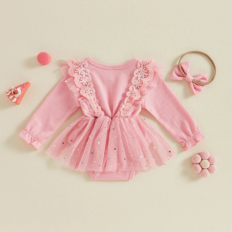 Baby Girls 2Pcs Outfit Ruffle Sequin Tulle Long Sleeve Romper Dress Tutu and Headband Bow Set