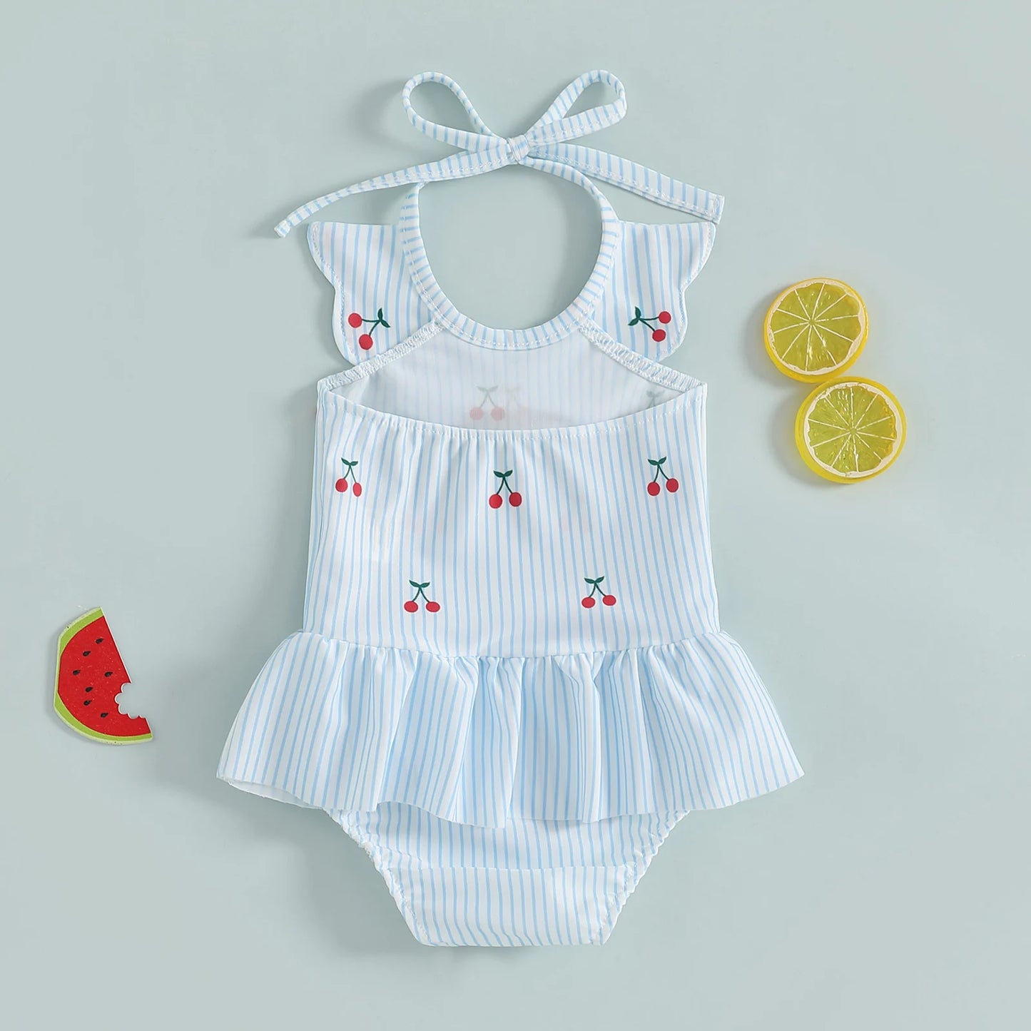 Baby Girls Halter Neck Swimwear Floral Cherry Print Romper Dress Bathing Suit Ruffled Beachwear