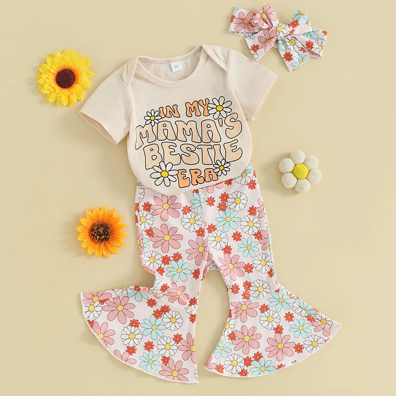 Baby Girls 3Pcs In My Mama's Bestie Era Letter Flower Print Short Sleeve Bodysuit + Flare Pants + Headband Outfit Set