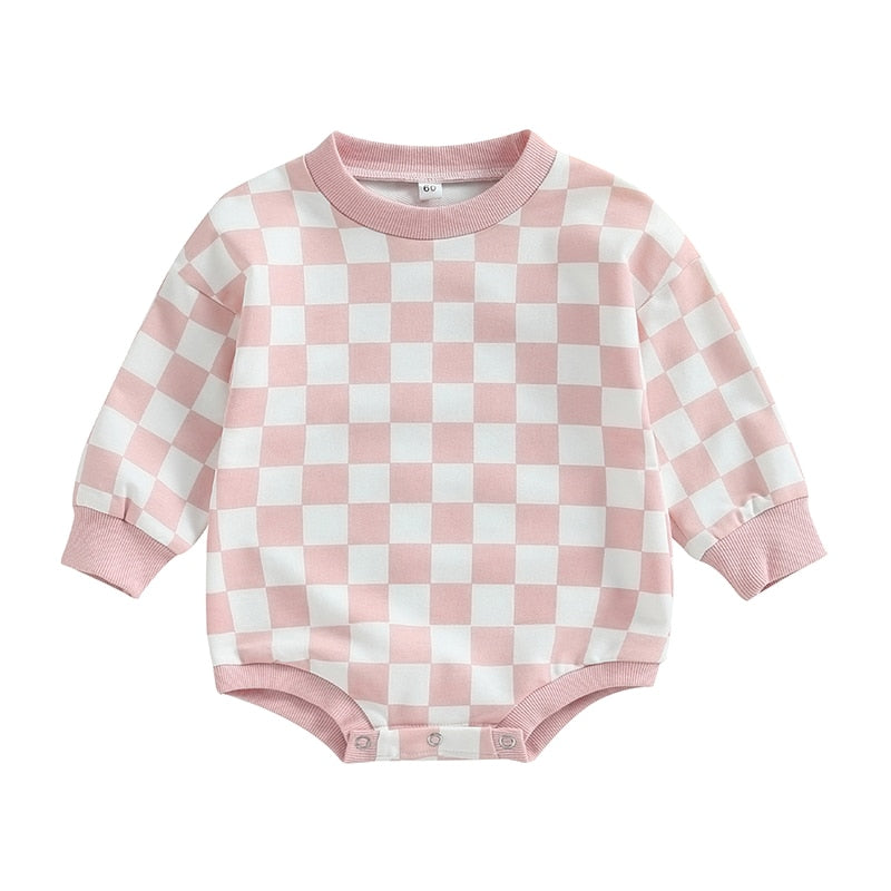 Baby Boy Girl Fall Sweatshirt Bodysuit Checkerboard Print Long Sleeve Jumpsuit Romper