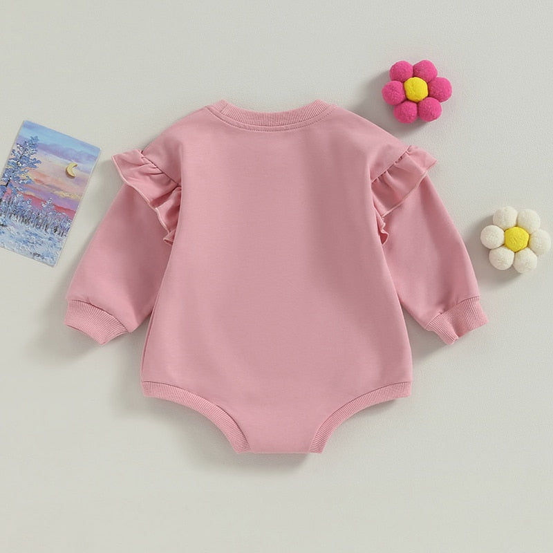 Baby Boy Girl Bodysuit Ruffle Long Sleeve Round Neck Solid Color Jumpsuit Romper