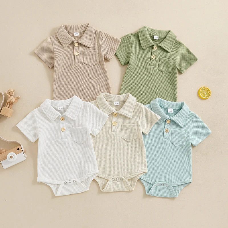 Baby Boys Romper Short Sleeve Lapel Button Up Collar Pocket Solid Color Waffle Casual Bodysuit