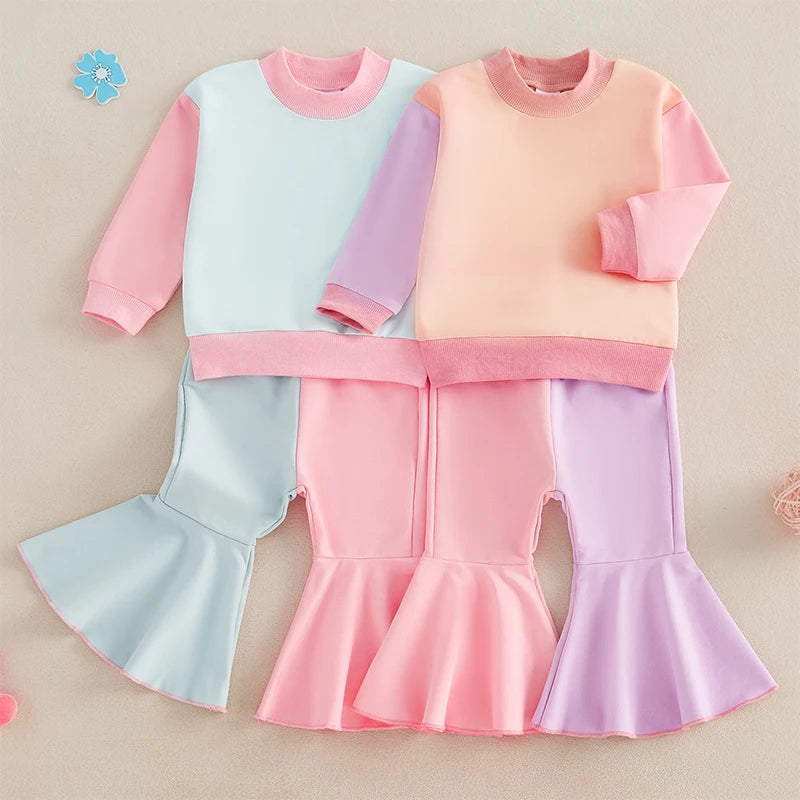 Baby Toddler Girls 2Pcs Fall Set Long Sleeve Crewneck Contrast Color Top Flared Pants Set Outfit