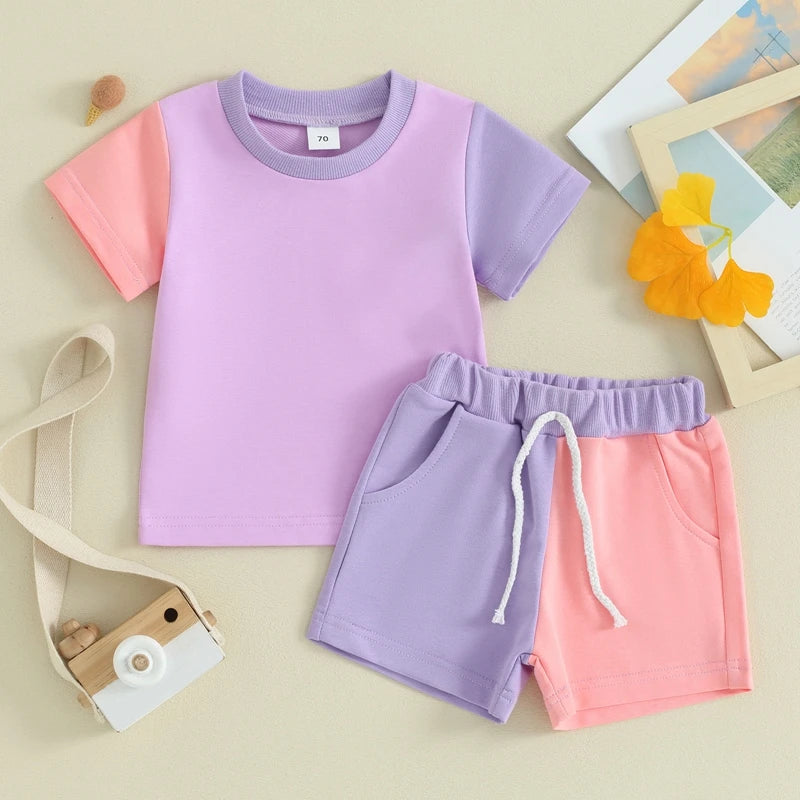 Toddler Baby Boy Girl 2Pcs Outfit Short Sleeve Contrast Color Top Elastic Waist Shorts Set Neutral Spring Summer Clothes