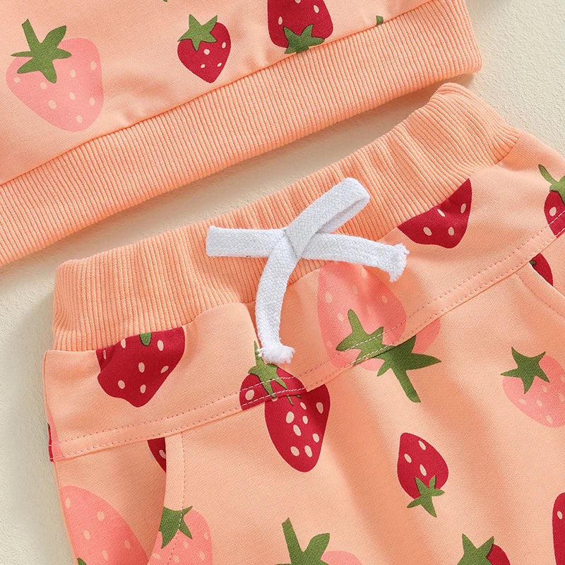 Baby Toddler Girls 2Pcs Outfit Strawberry Print Long Sleeve Crew Neck Top with Elastic Waist Pants Fall Set