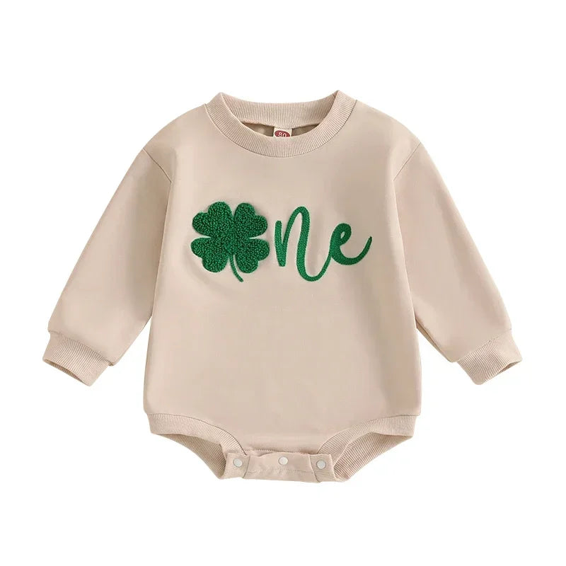 Baby Boys Girls One Spring St. Patrick's Day Birthday Romper Letter Shamrock Embroidery Long Sleeve O-Neck Bubble Jumpsuit