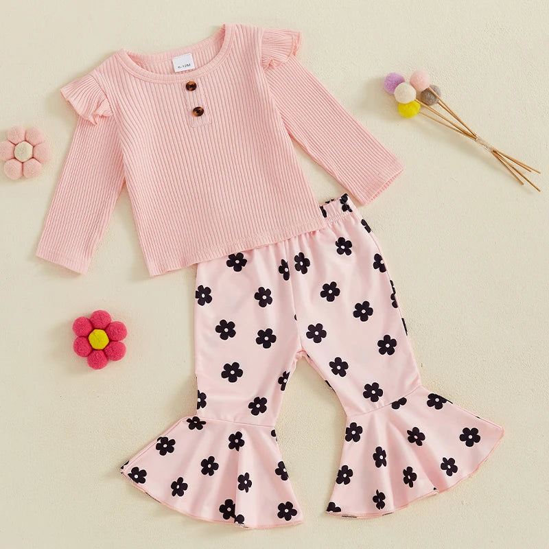 Baby Toddler Girl 2Pcs Fall Outfit Long Sleeve Ruffle Top + Floral Flower Flare Pants Set