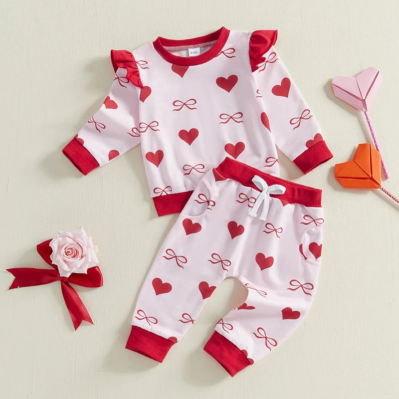 Baby Toddler Girls 2Pcs Valentine's Day Outfit Bow Heart Print Ruffle Long Sleeve Top and Elastic Jogger Pants Valentines Set