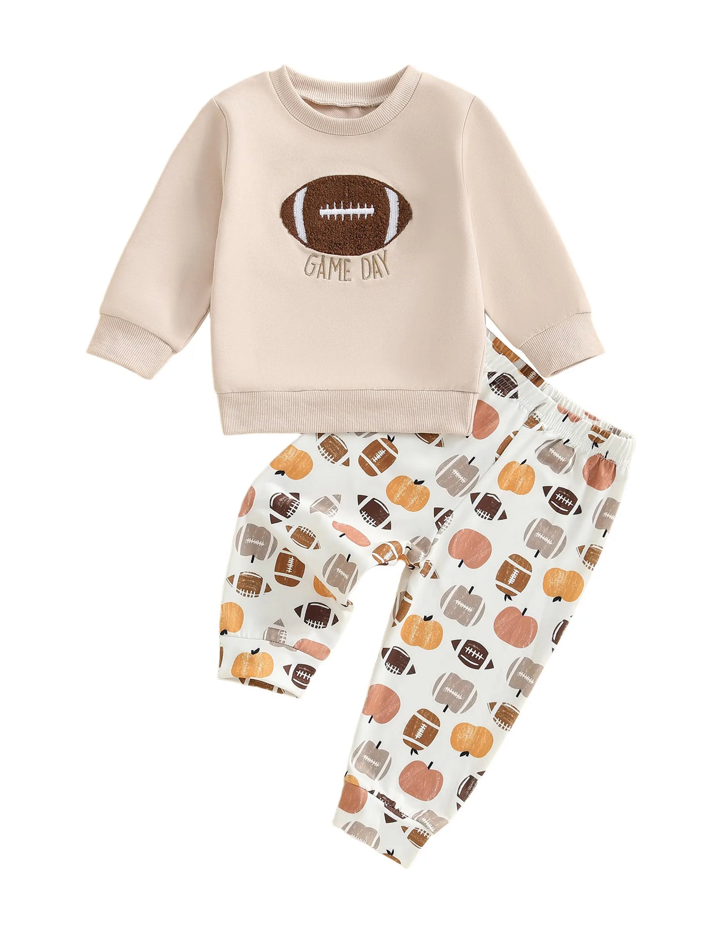 Baby Toddler Boys 2Pcs Game Day Fall Set Long Sleeve Football Embroidery Pullover Top and Pumpkin Print Pants Outfit