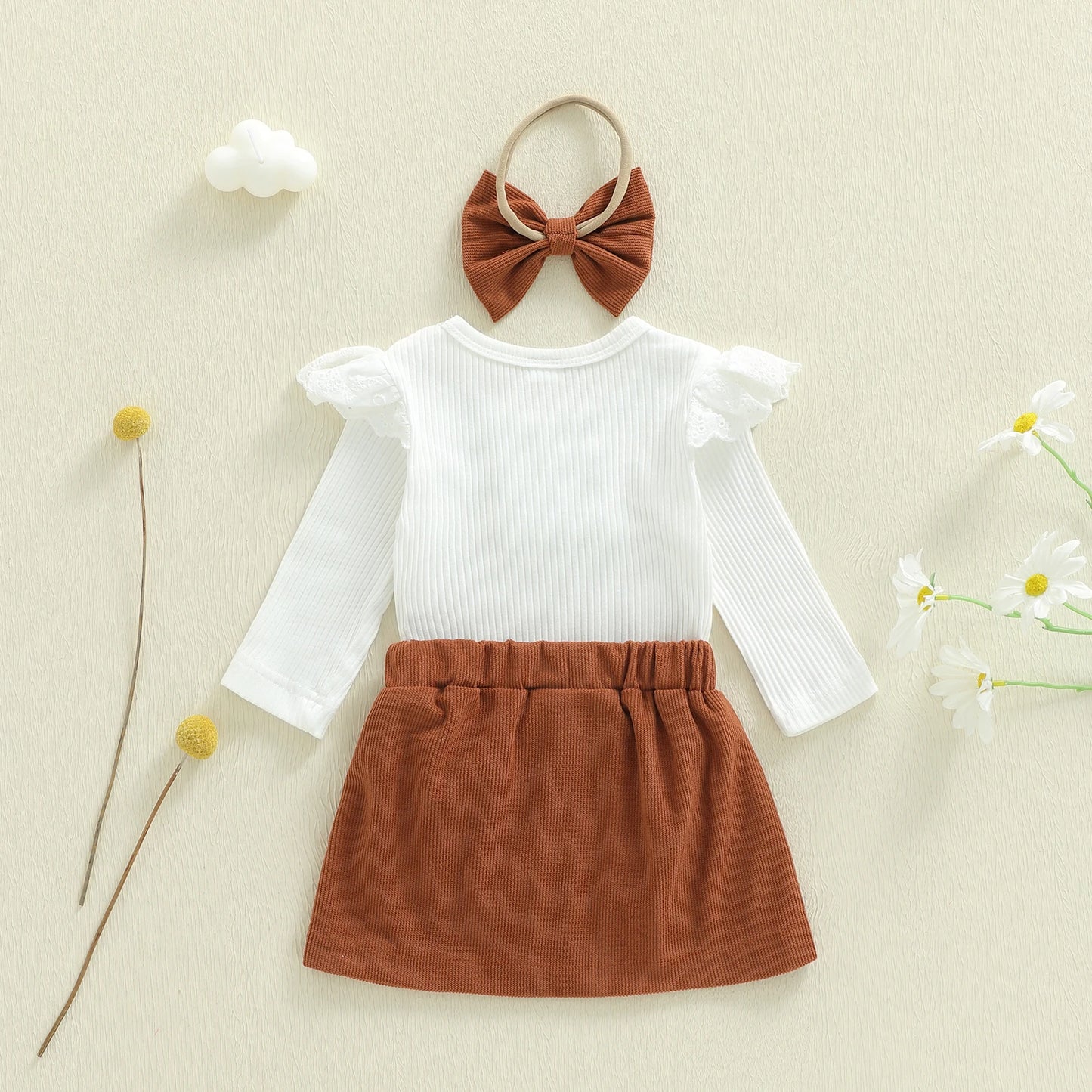 Baby Girls 3Pcs Outfit Long Sleeve Romper with Mini Skirt Bowknot Headband Fall Set