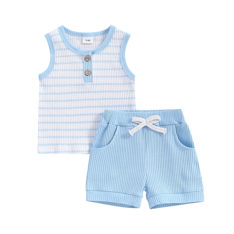 Baby Toddler Boys 2Pcs Outfit Striped Print Sleeveless Tank Top and Elastic Shorts Set Summer Clothes