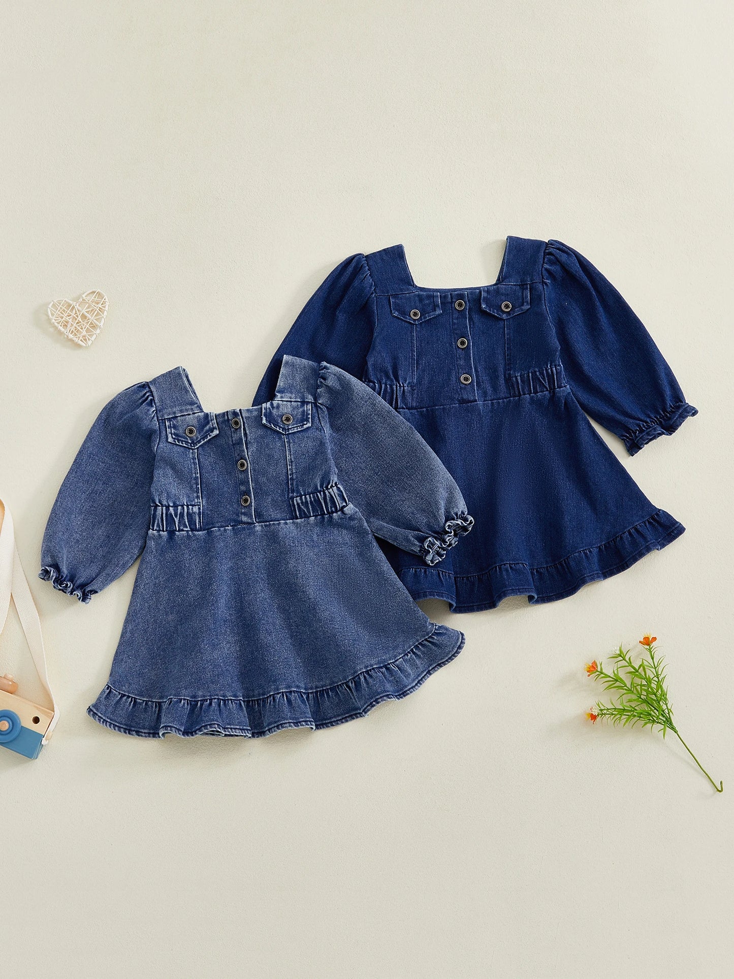 Baby Toddler Girl Denim Dress Long Puff Sleeve Button Down A-Line Dress Ruffle Dress