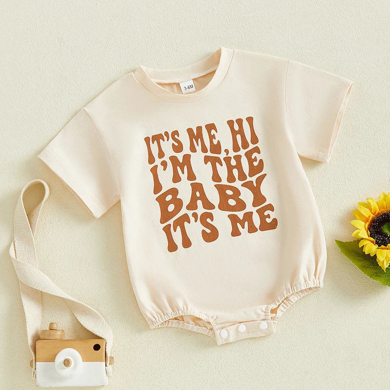 Baby Boy Girl It's Me Hi I'm The Baby It's Me Summer Spring Clothes Funny Print Letters Bubble Romper Oversized Short Sleeve Jumpsuit Bodysuit