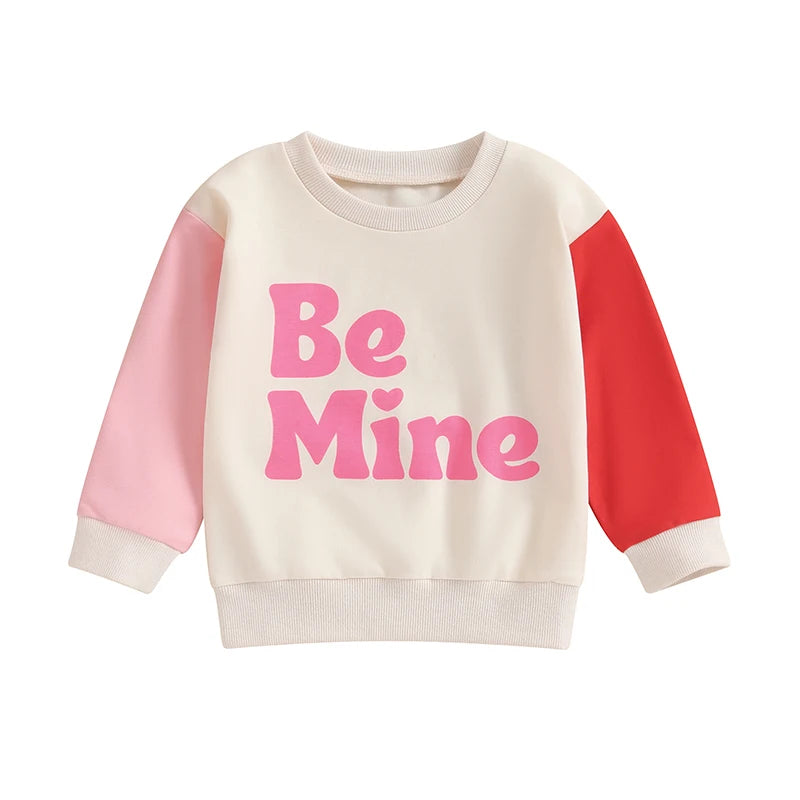 Toddler Baby Girl Valentine's Day Outfit Be Mine Long Sleeve Color Block Crewneck Pullover Casual Top