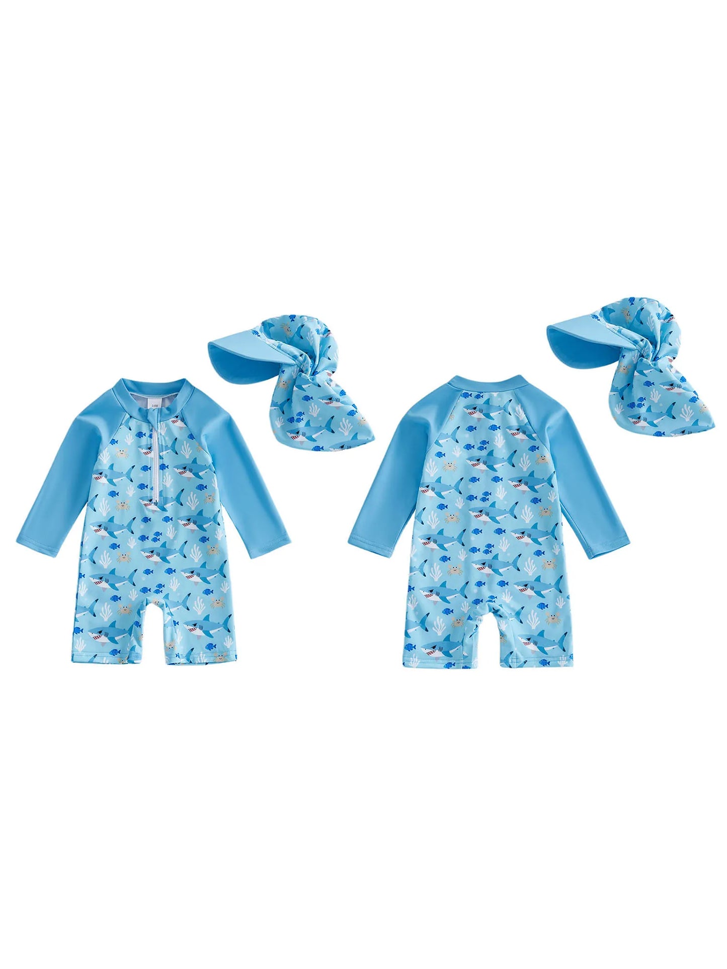 Baby Toddler Boy 2Pcs Rash Guard Swimsuit Shark Duck Print Long Sleeve Zip Up Bathing Suit with Sun Cap Hat Set