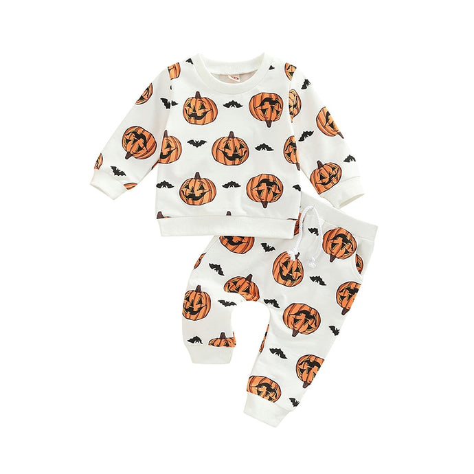Baby Girl Boy 2Pcs Halloween Outfit Long Sleeve Pumpkin Bat Boo Printed Top Long Pants