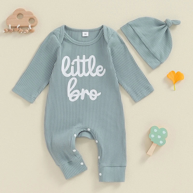 Baby Boys 2Pcs Little Bro Jumpsuit Set Long Sleeve Crew Neck Letters Print Romper with Hat Fall Outfit