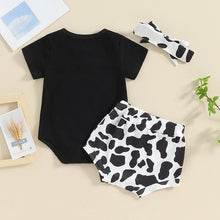 Load image into Gallery viewer, Baby Girl 3Pcs First Birthday Outfit Holy Cow I&#39;m One Short Sleeve Romper Cow Pattern Shorts with Headband Set
