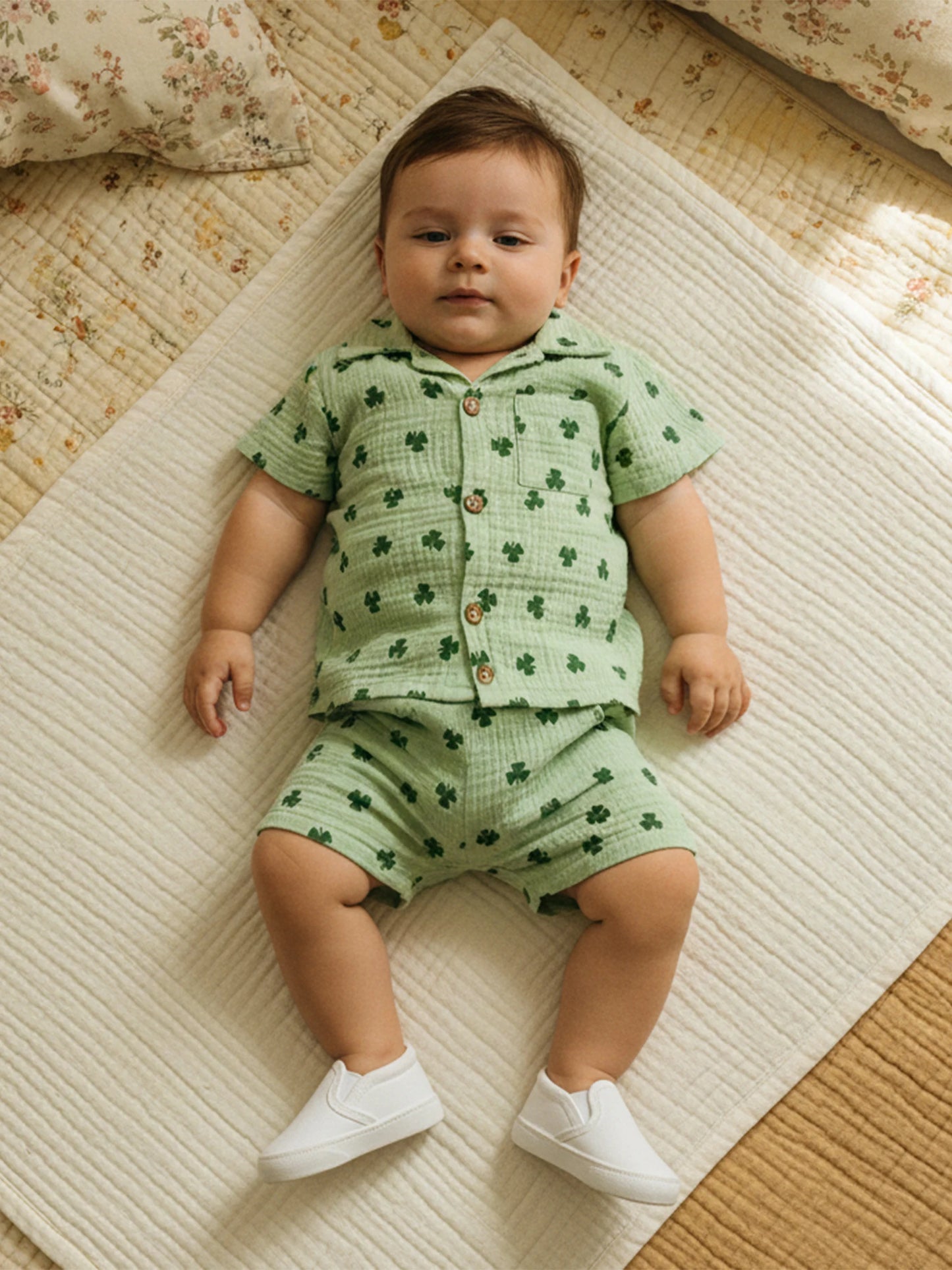 Baby Toddler Boys 2Pcs Spring St. Patrick's Day Set Shamrock Print Short Sleeve Lapel Button Down Shirt Shorts Outfit