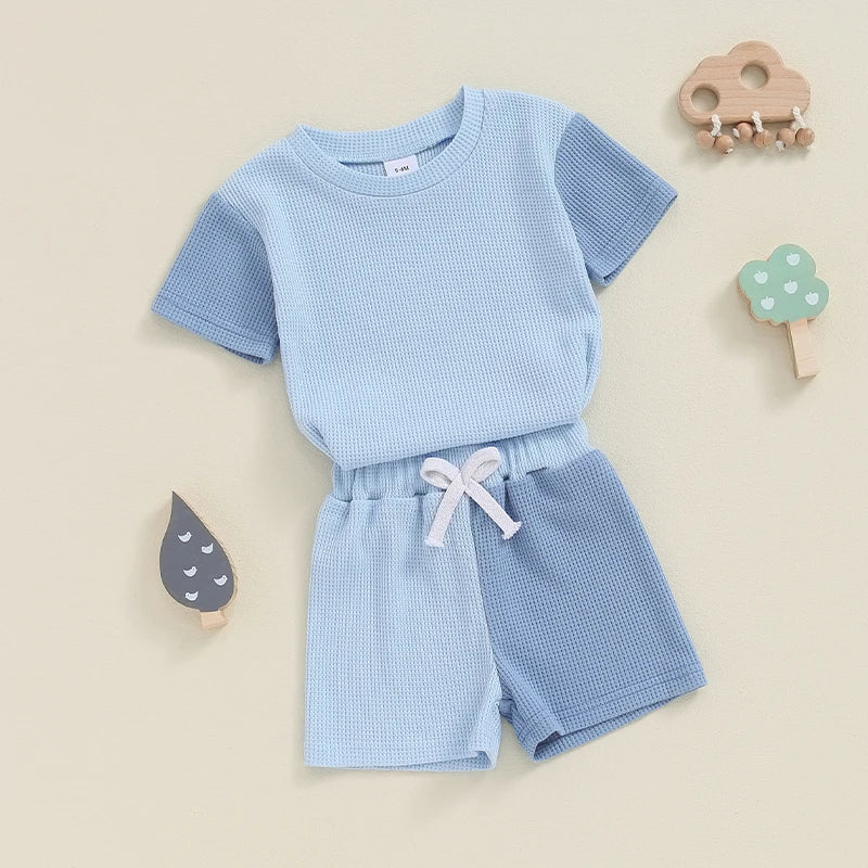 Baby Toddler Boys 2Pcs Summer Outfit Contrast Color Short Sleeves Top and Elastic Shorts Set