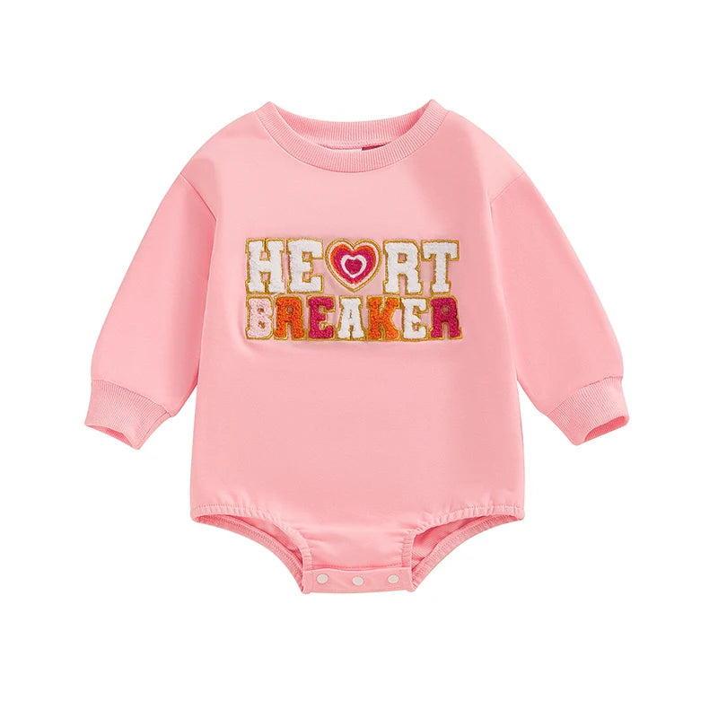 Baby Girls Heart Breaker Valentine's Day Romper Long Sleeve O Neck Letter Embroidery Bubble Valentines Bodysuit