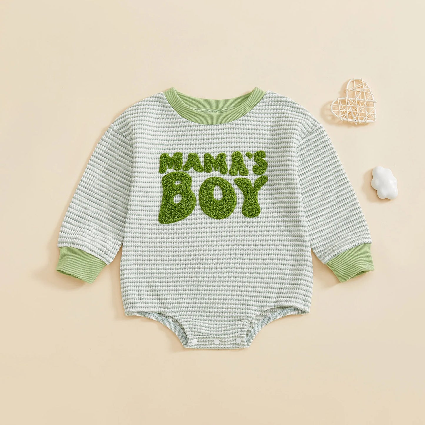 Baby Boy Romper Long Sleeve Crew Neck Striped Embroidery Mama's Boy Letters Fall Bodysuit