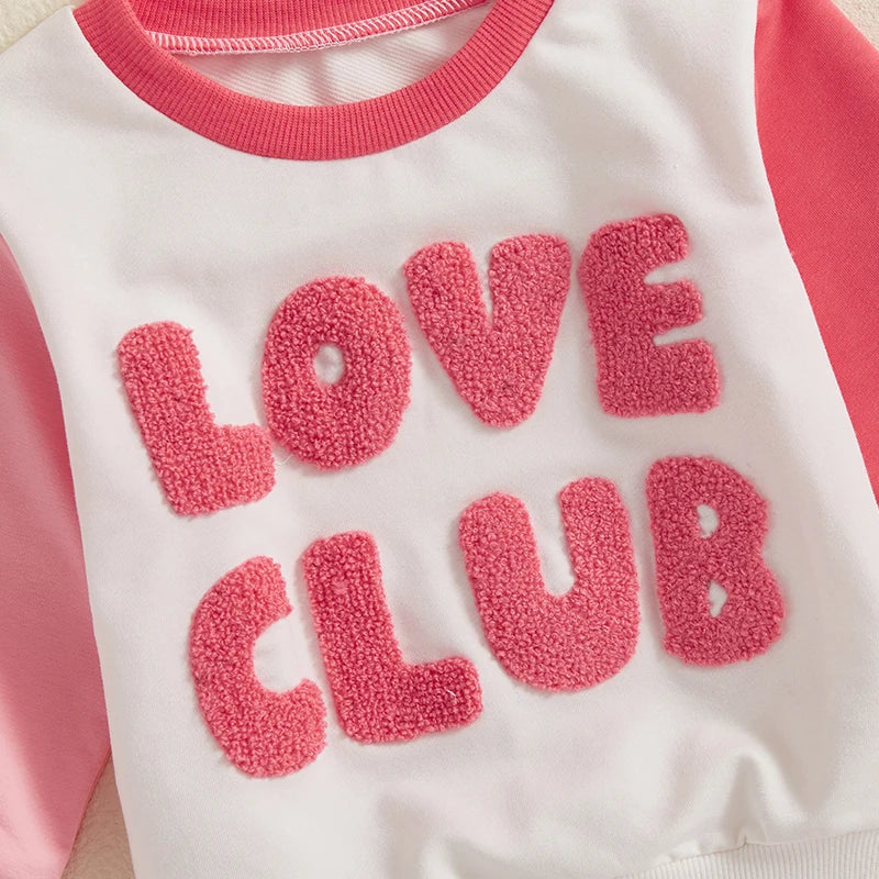 Baby Toddler Kids Girls LOVE CLUB Valentine's Day Letter Embroidered Contrast Color Long Sleeve O-Neck Casual Top