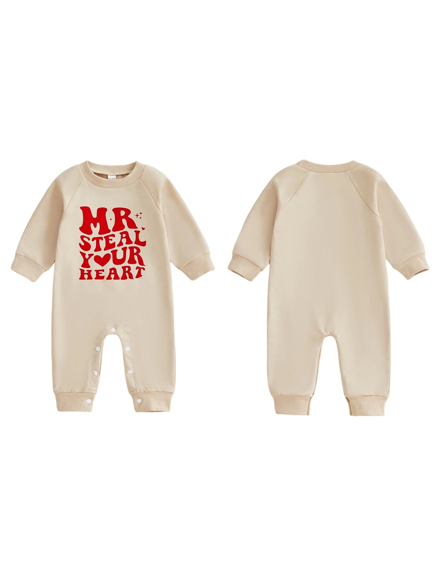 Baby Boy Valentines Romper Mr. Steal Your Heart Fashionable Cute Letters Printed Long Sleeve Jumpsuit