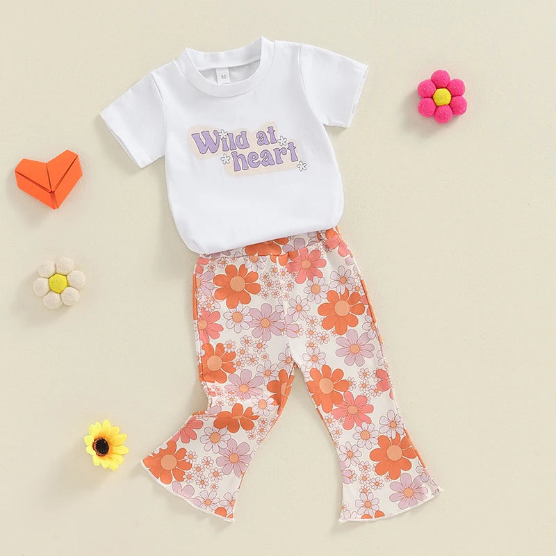 Baby Toddler Girls 2Pcs Wild At Heart Summer Outfit Letter Print Round Neck Short Sleeve Top with Elastic Waist Flower Print Flare Pants Set