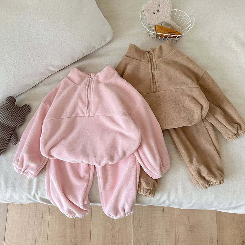 Toddler Kid Boy Girl 2Pcs Clothes Set Fleece Pullover Top Pant Suit Casual Warm Thick Winter Two Piece Jogger Set