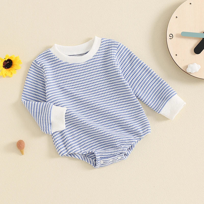 Baby Boys Girls Waffle Romper Casual Stripe Print Long Sleeve Jumpsuit