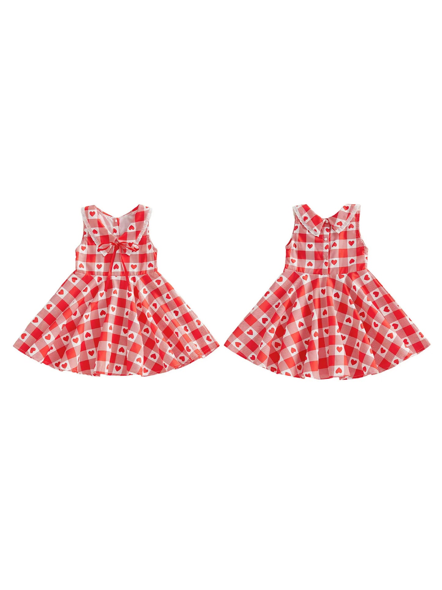 Baby Toddler Kids Girls Valentine's Day Dress Summer Sleeveless Lapel Plaid Heart Print Sweet A-Line Sundress
