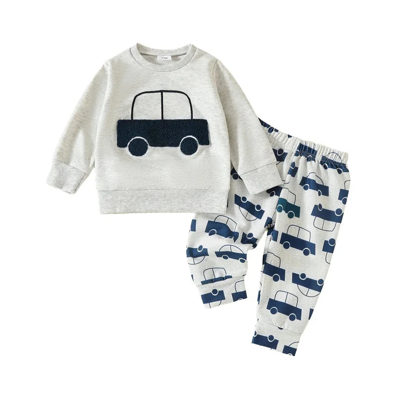 Baby Toddler Boys 2Pcs Outfit Car Tractor Embroidery Long Sleeve Pullover Crewneck Top Elastic Waist Pants Jogger Set