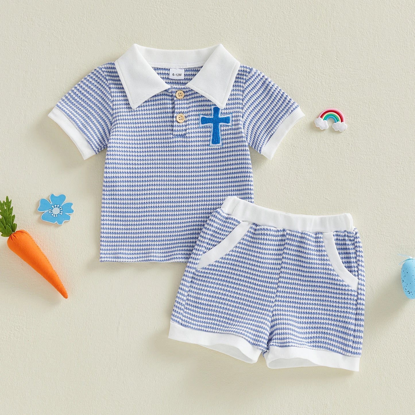 Baby Toddler Boys 2Pcs Easter Outfit Fashionable Striped Short Sleeve Carrot Cross Embroidery Top with Shorts 2Pcs Clothing Set