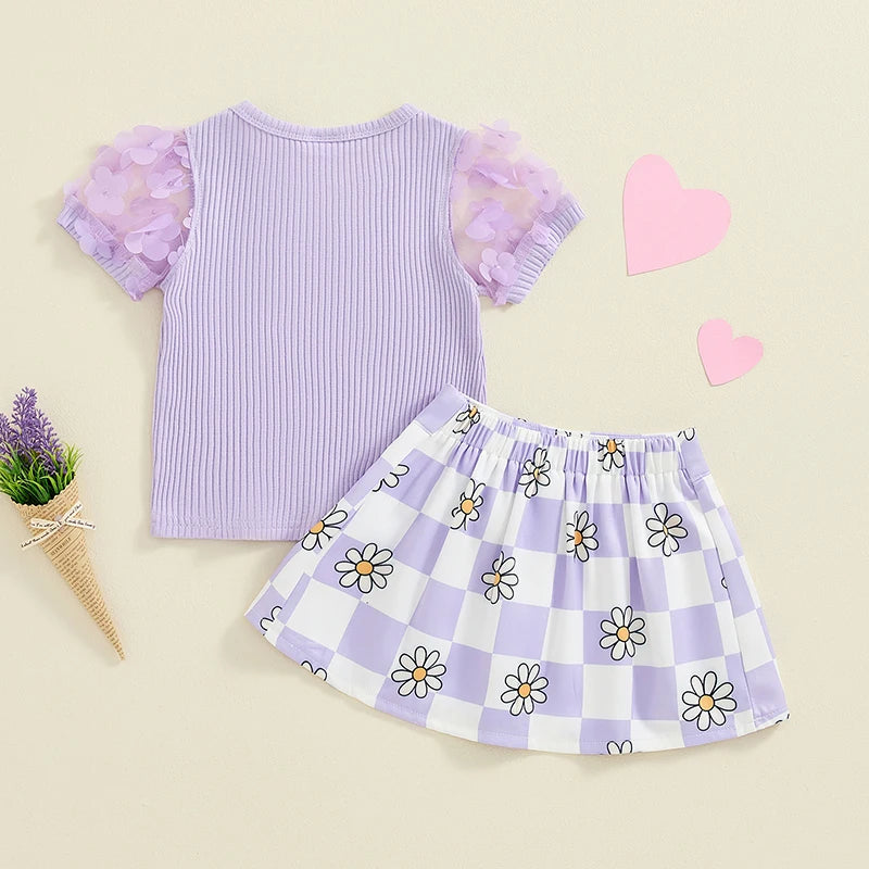 Toddler Kids Girls 2Pcs Summer Outfit Mesh Flower Sleeve Ribbed Top Floral Checker Print Skirt Set