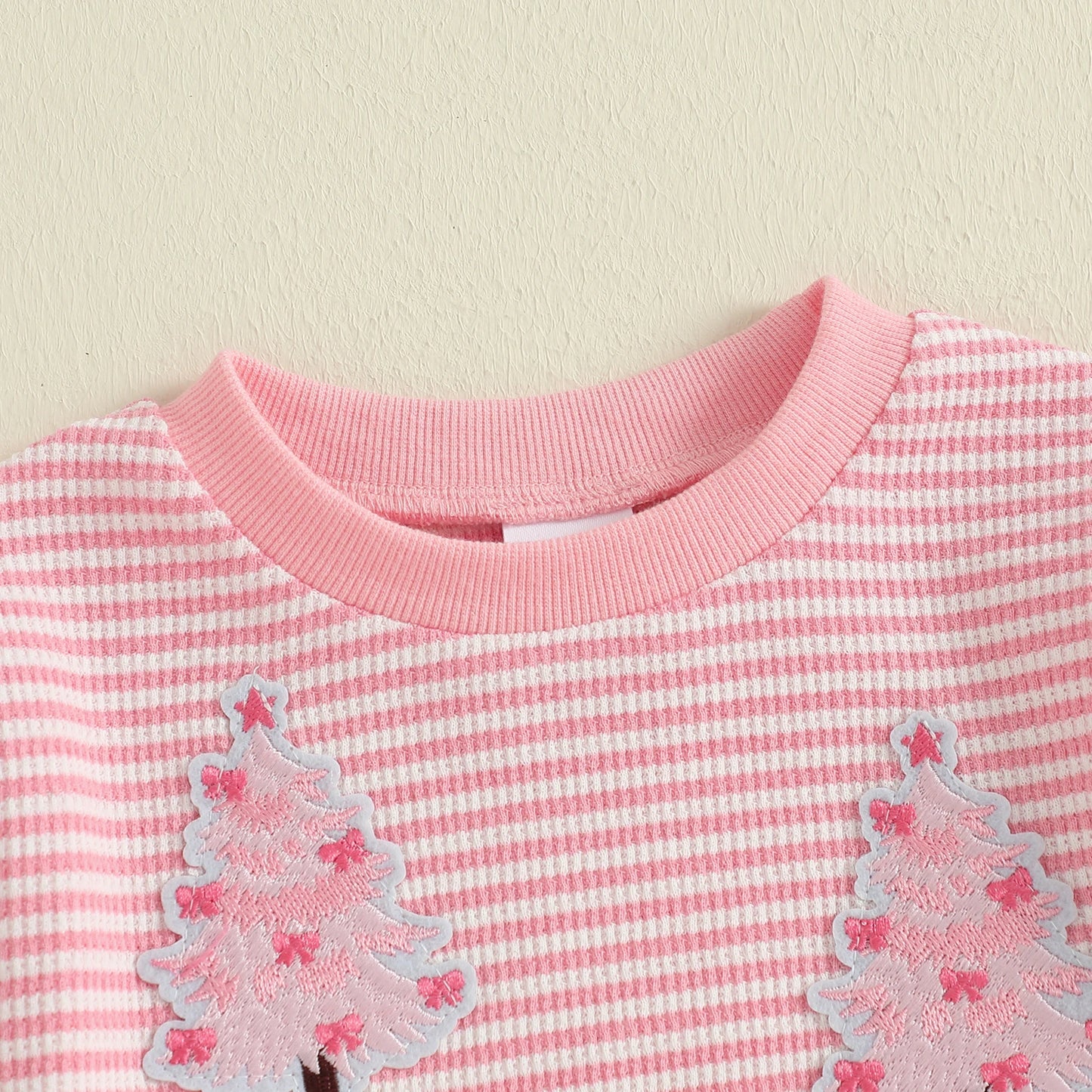 Baby Toddler Girl Christmas Top Christmas Tree Embroidered Striped Crew Neck Long Sleeve Pullover