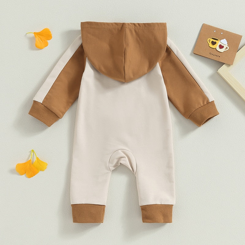 Baby Boy Girl Full Length Jumpsuit Contrast Color Hood Long Sleeve Romper with Zipper