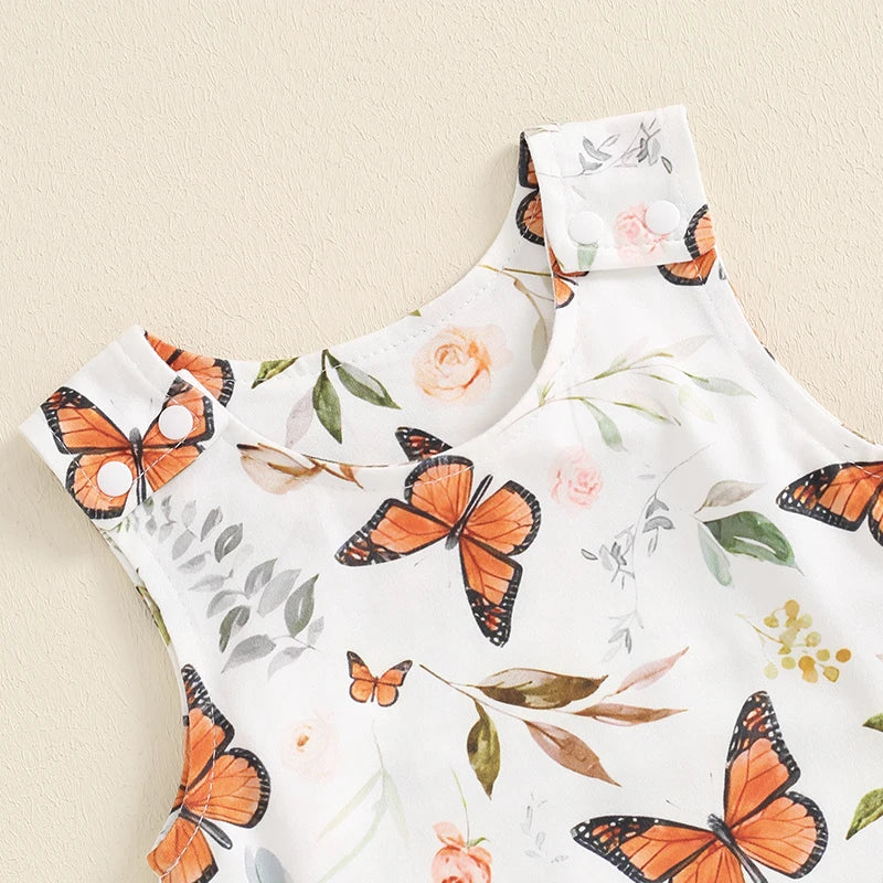 Baby Girl Summer Romper Cute Butterfly/Cactus Print Sleeveless Round Neck Jumpsuit Overalls