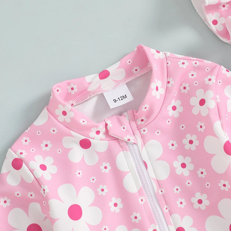 Baby Toddler Girls 2Pcs Swimsuit Long Sleeve Floral/Bow Print Ruffles Bathing Suit Swimwear with Swim Cap Set