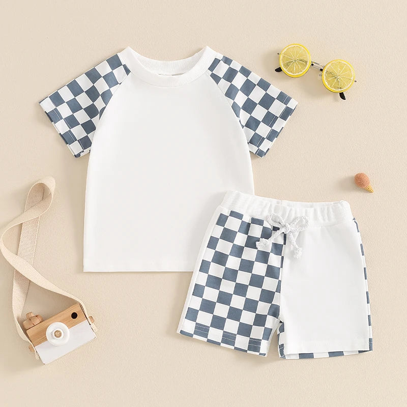 Baby Toddler Kids Boys 2Pcs Set Plaid Checker Short Sleeve Crew Neck Top with Elastic Waist Shorts Set Summer Outfit