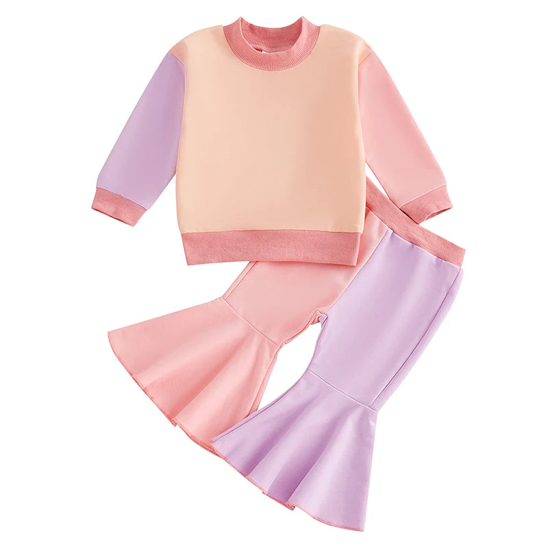 Baby Toddler Girls 2Pcs Fall Set Long Sleeve Crewneck Contrast Color Top Flared Pants Set Outfit