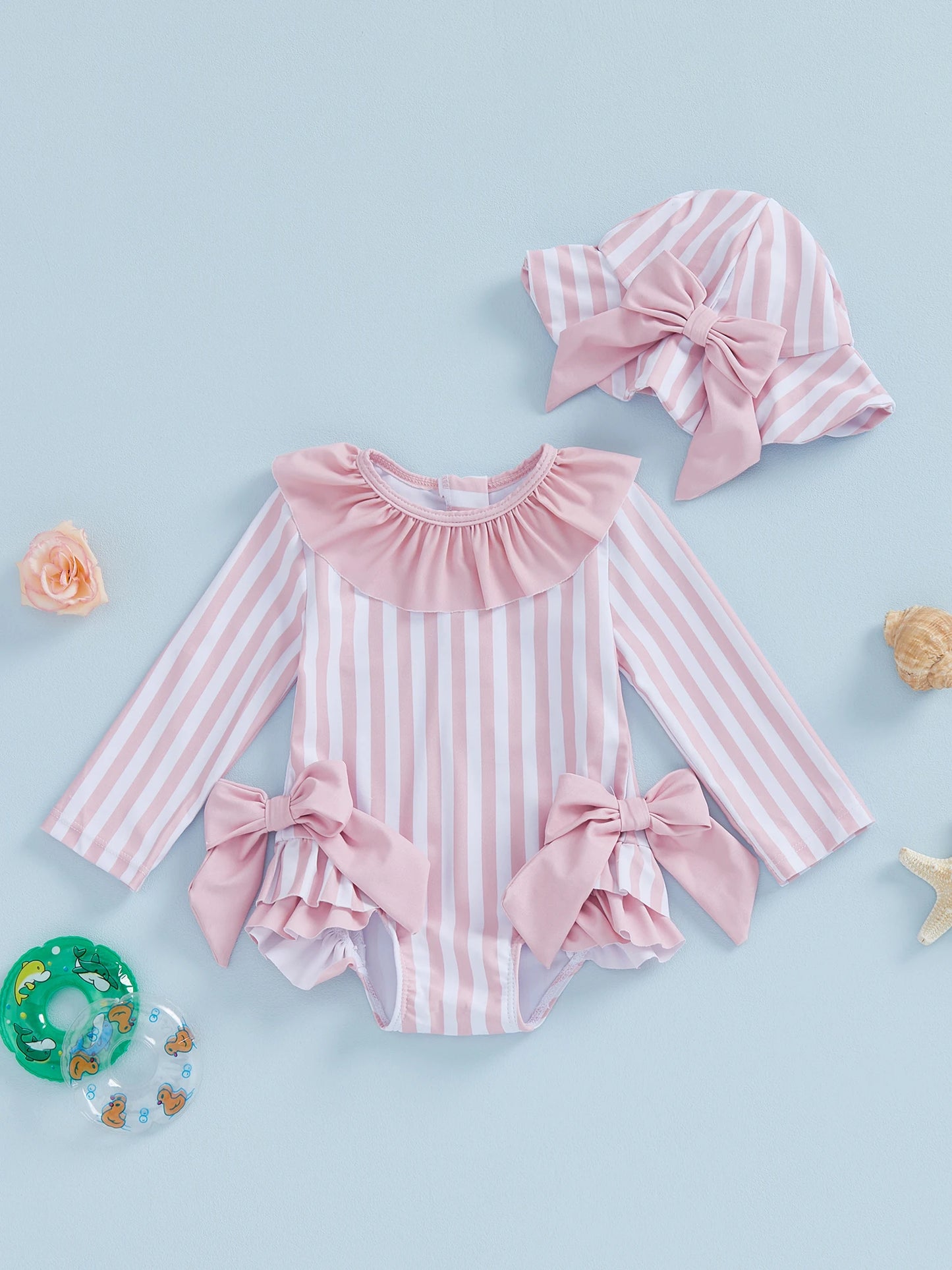 Baby Toddler Girls 3Pcs Swimsuit Ruffles Collar Long Sleeve Striped Print Bow Swimwear with Hat Set