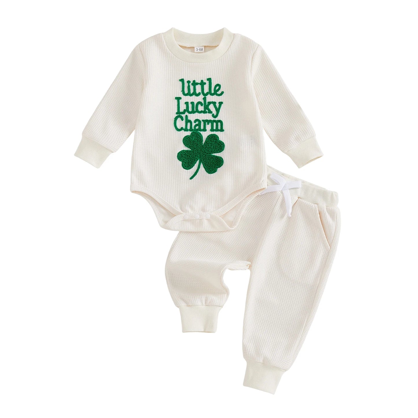 Baby Boys Girls 2Pcs Little Lucky Charm Outfit Long Sleeve O Neck Letter Shamrock Embroidery Jumpsuit Romper and Elastic Waist Pants Set