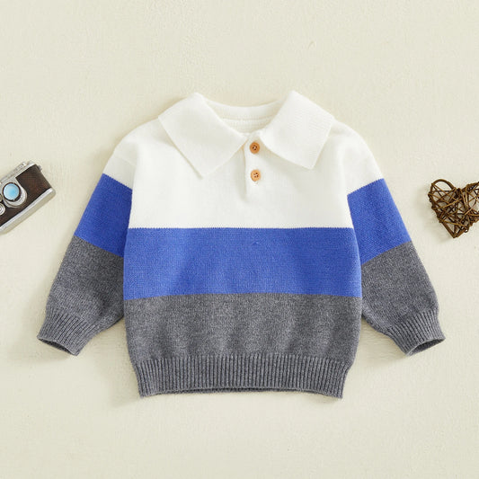 Baby Toddler Boy Sweater Lapel Collar Long Sleeve Patchwork Upper Button Down Pullover Warm Knit Tops
