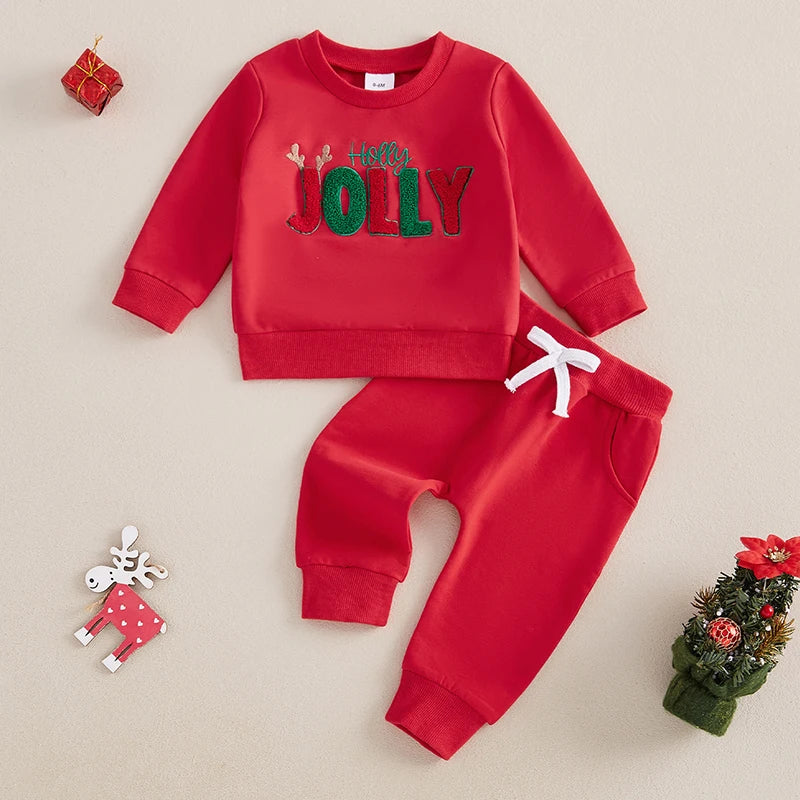 Baby Toddler Girls Boys 2Pcs Holly Jolly Christmas Outfit Letter Embroidery Long Sleeve Top with Solid Long Pants Jogger Set