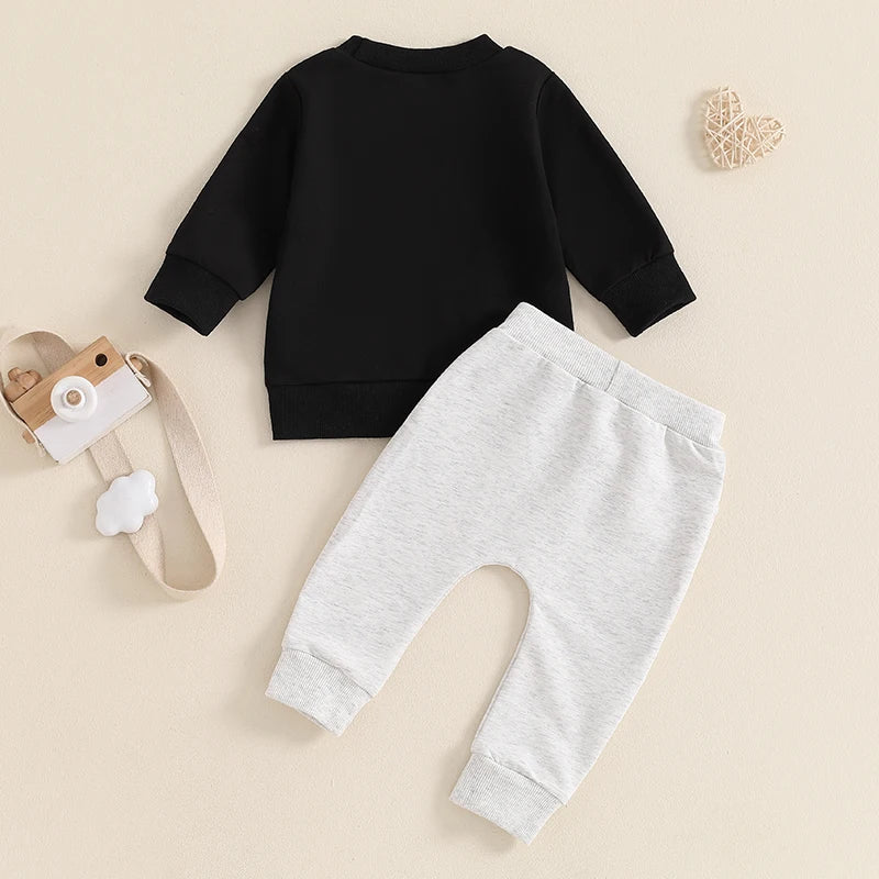 Baby Toddler Boys 2Pcs Ok But First Snacks Set Letter Print Long Sleeve Round Neck Top Drawstring Long Pants Autumn Outfit Set