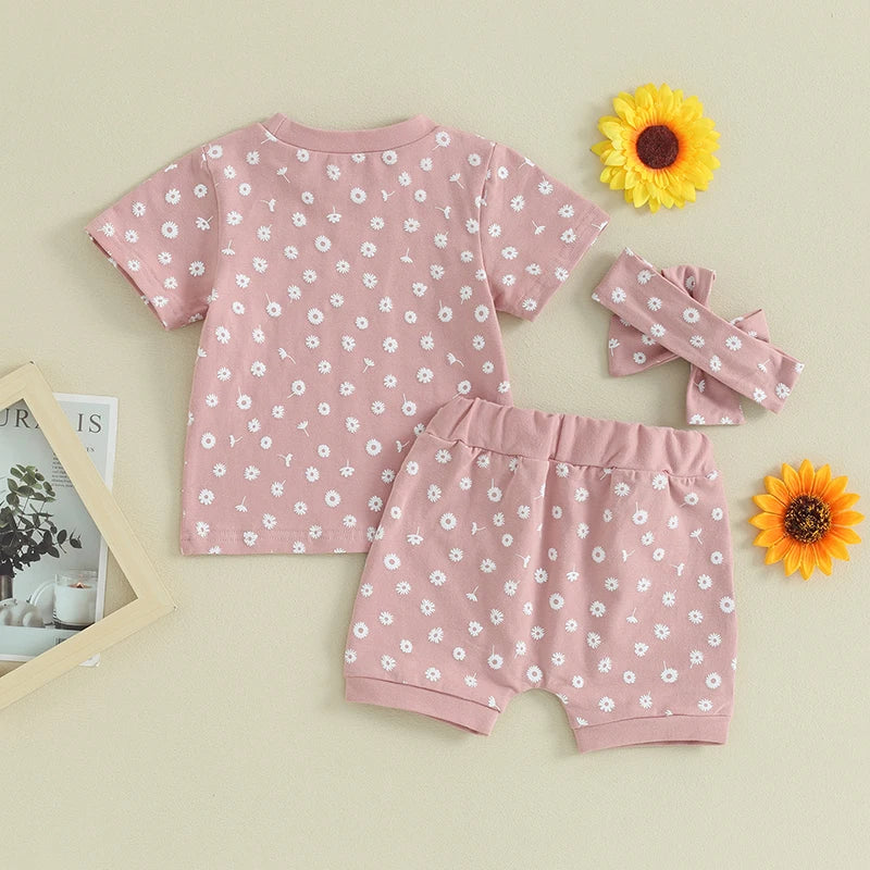 Toddler Baby Girls 3Pcs Clothes Set Floral Print Short Sleeve Top with Shorts and Headband Summer Outfit