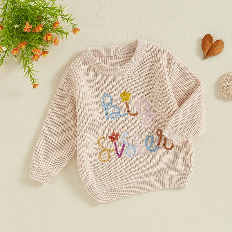 Baby Toddler Kids Girls Big Sister Fall Winter Sweater Casual Letter Flower Embroidery Crew Neck Long Sleeve Pullover Top