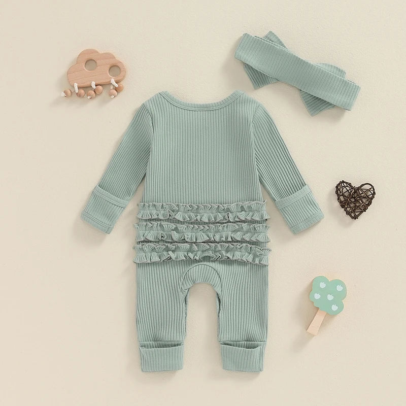 Baby Girl 2Pcs Hello I'm New Here Romper Letter Print Ribbed Long Sleeve Round Neck Full Length Jumpsuit with Headband Set