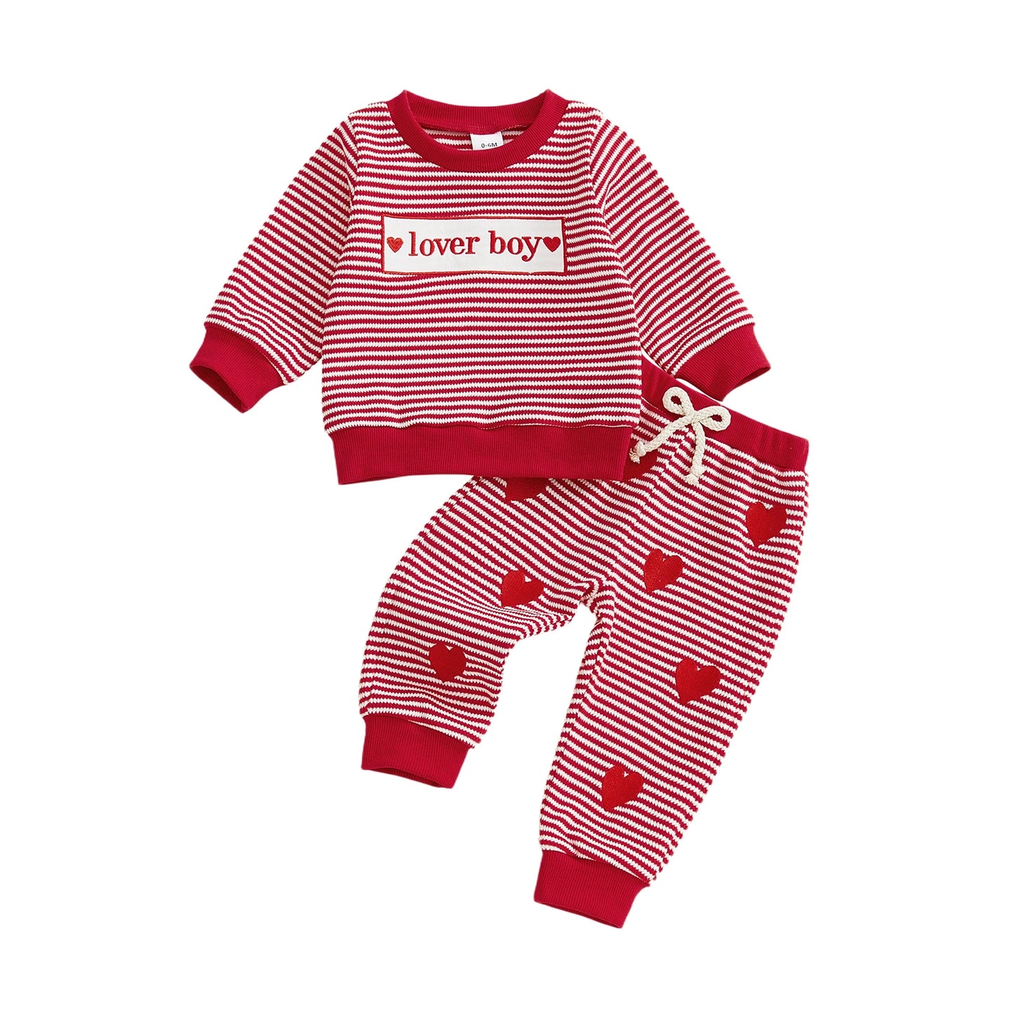 Baby Toddler Boy 2Pcs Lover Boy Valentines Day Outfit Stripe Letter Embroidery Crew Neck Long Sleeve Top and Heart Pants 2 Pcs Jogger Set